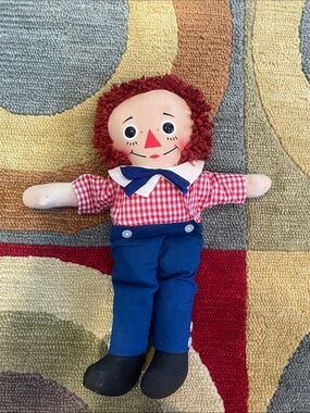 Vintage Classic Raggedy Andy Doll Plush Toy in Red Gingham and Blue Pants